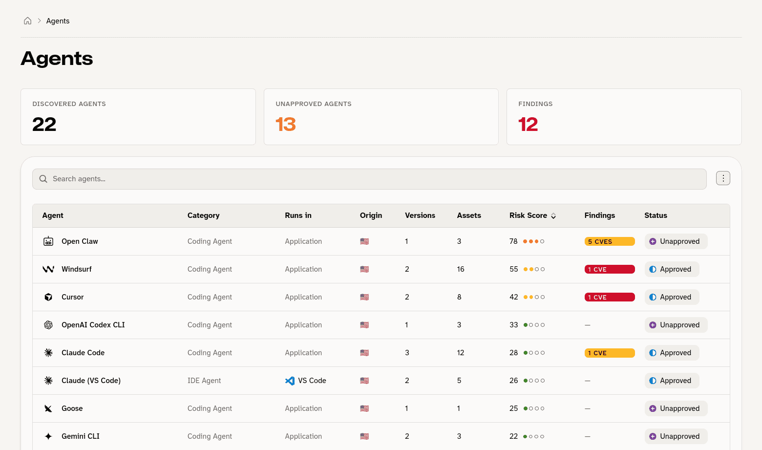 Mondoo agents inventory listing discovered AI coding and IDE agents with risk scores, CVE findings, and approval status