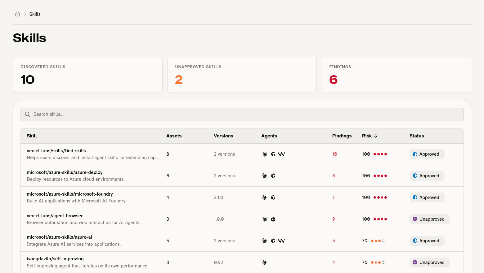 Mondoo skills inventory showing discovered AI agent skills with risk scores, findings, and approval status