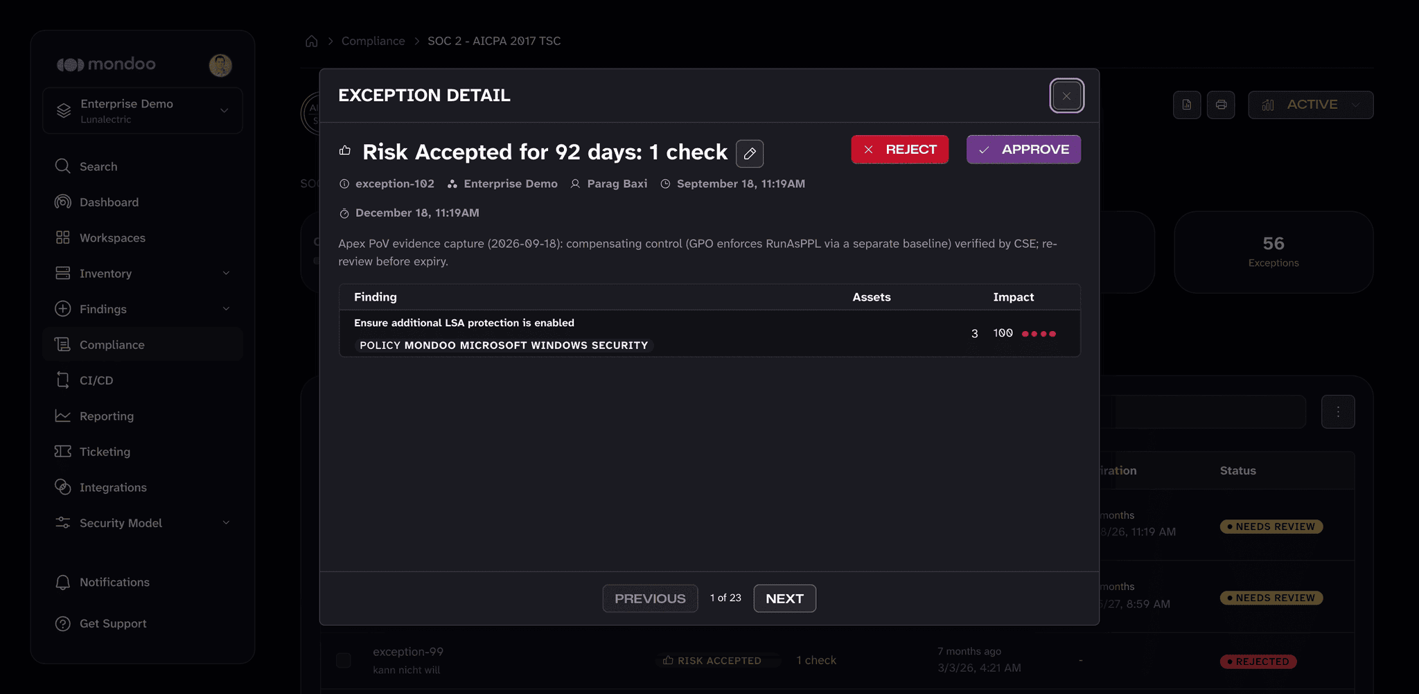 Exception detail with Reject and Approve buttons for an exception that needs review