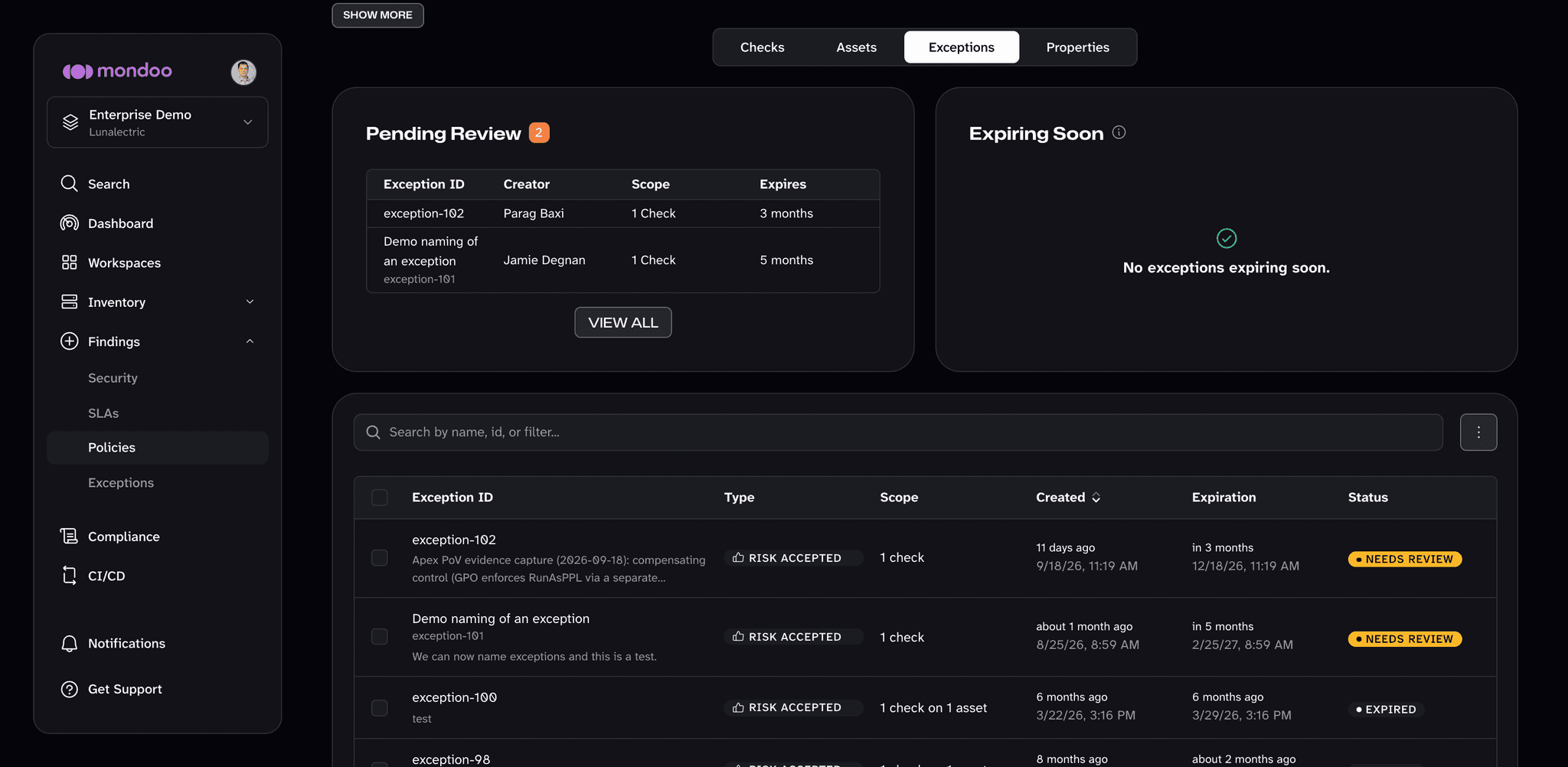 Exceptions tab of a policy in the Mondoo App, with the Pending Review and Expiring Soon cards above the policy's exceptions