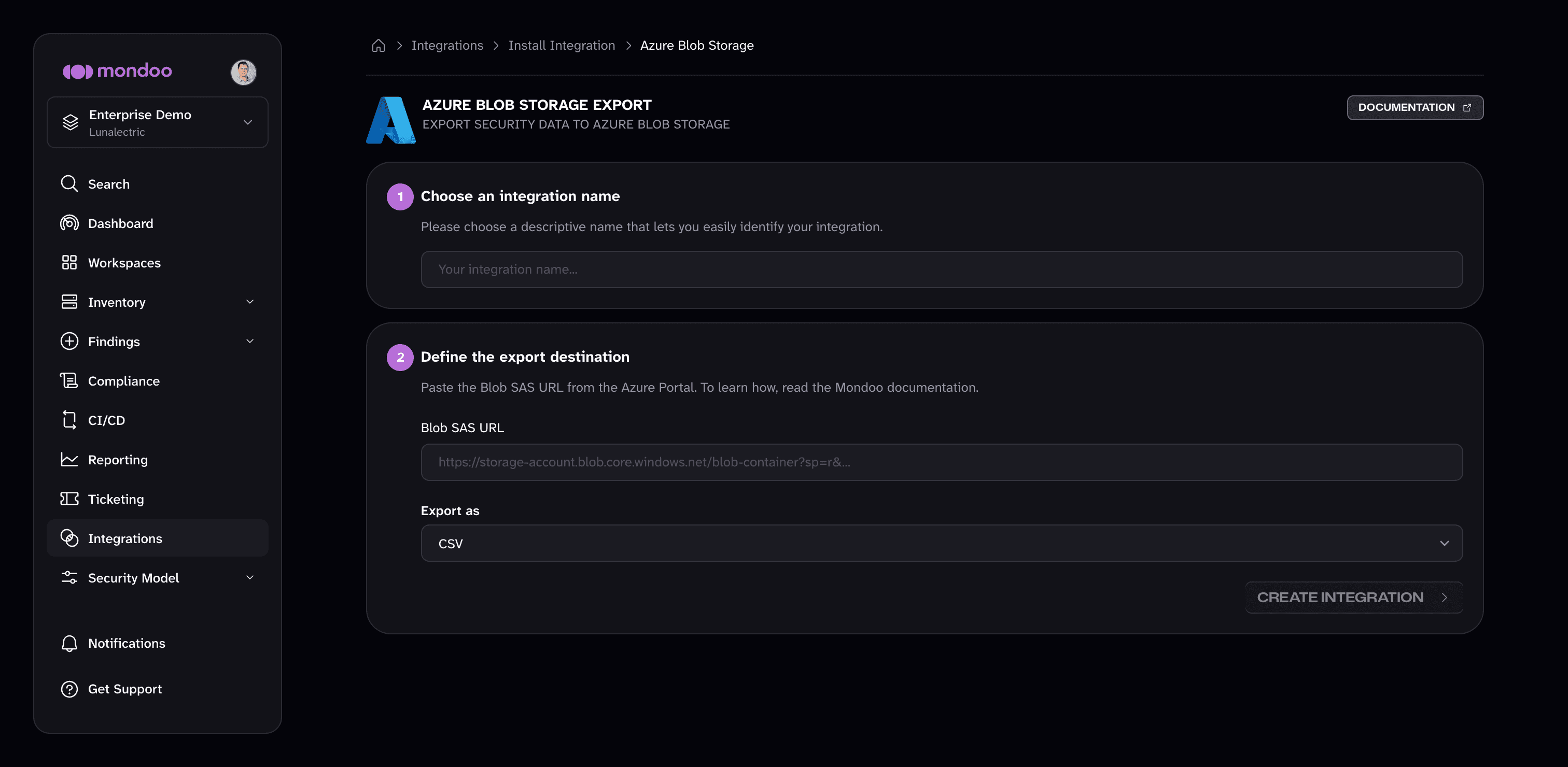 The Azure Blob Storage export integration form in Mondoo, with the integration name, Blob SAS URL, and Export as fields
