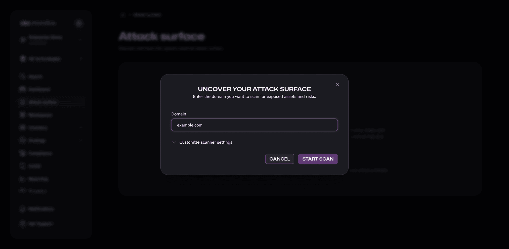 The Uncover your attack surface dialog with a domain entered