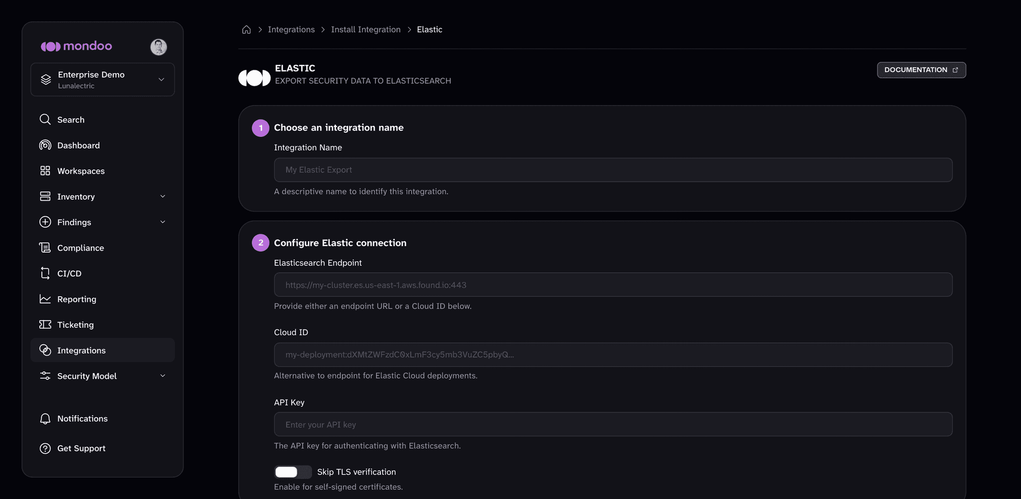The Elastic export integration form in Mondoo, with the Integration Name, Elasticsearch Endpoint, Cloud ID, API Key, and Skip TLS verification fields