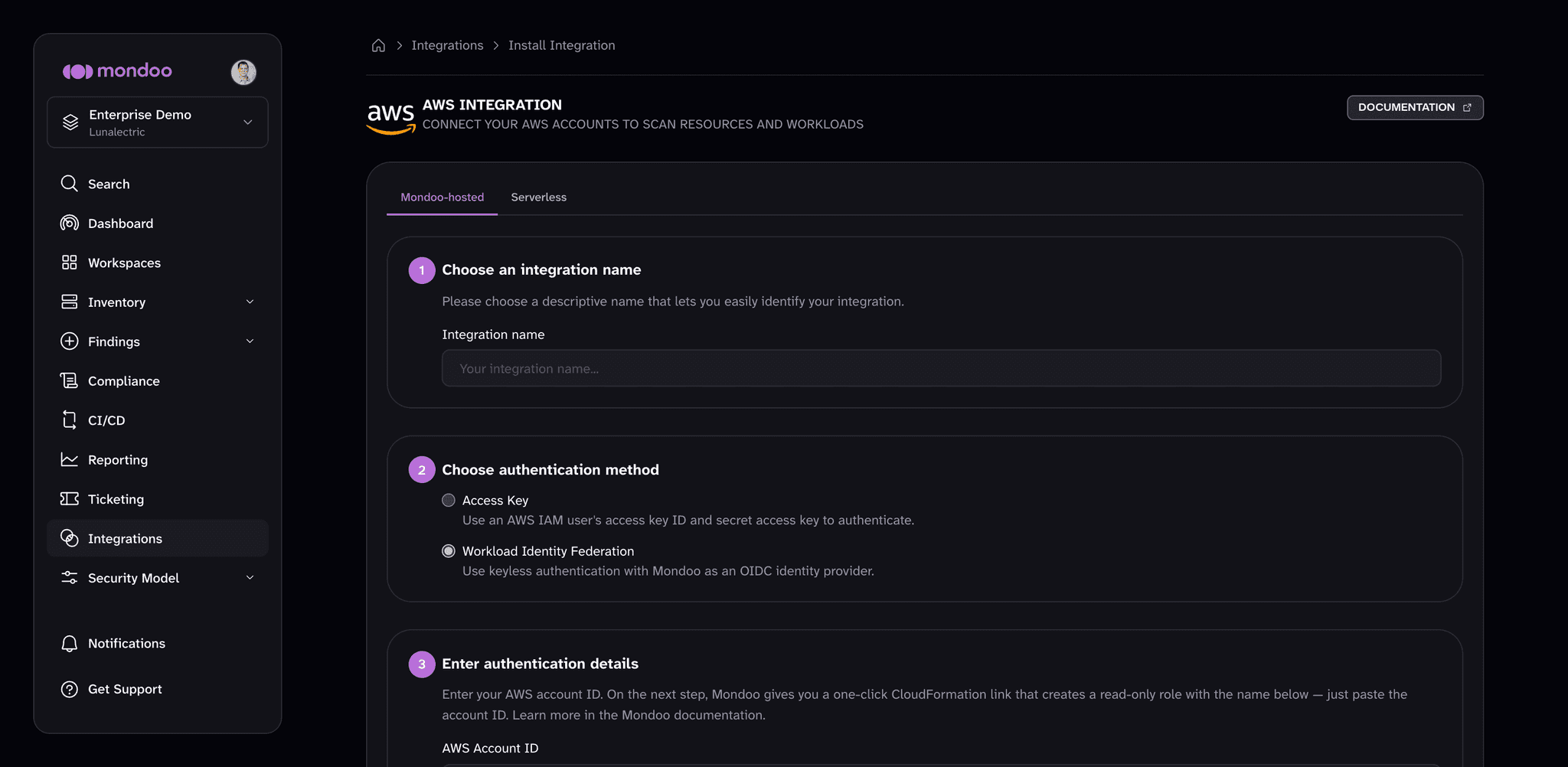 The Mondoo-hosted tab of the AWS integration form, with the integration name and authentication method steps