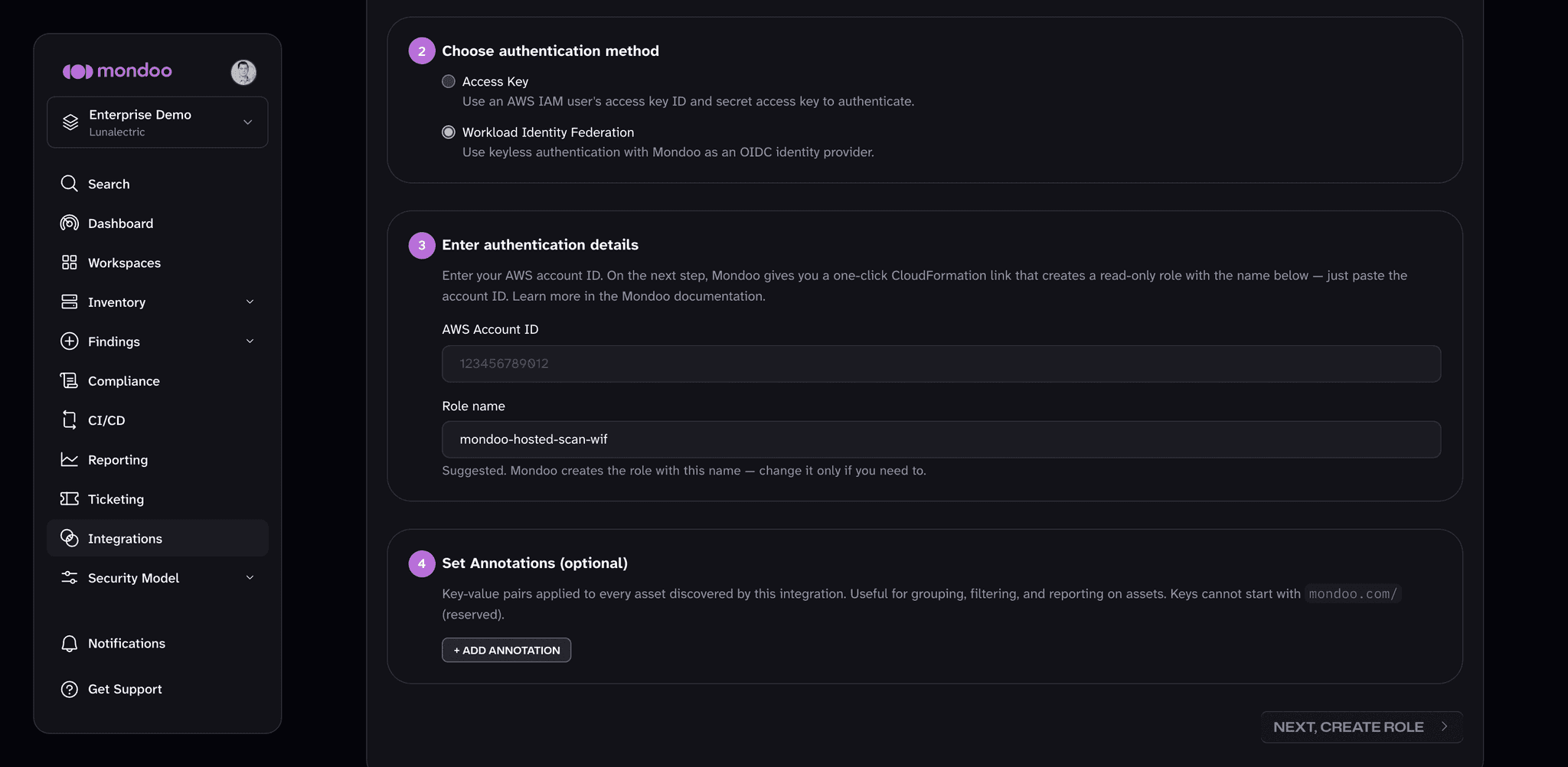 AWS Account ID and Role name fields for Workload Identity Federation in the Mondoo-hosted AWS integration form