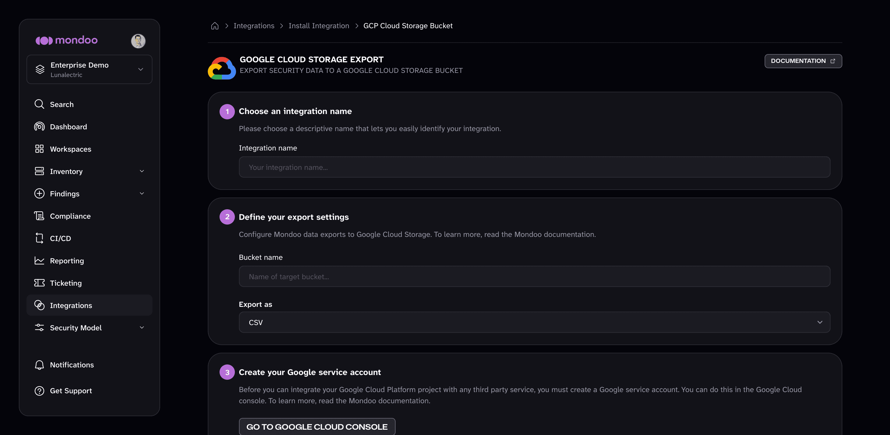 The GCP Cloud Storage Bucket integration form in Mondoo, with the Integration name, Bucket name, and Export as fields