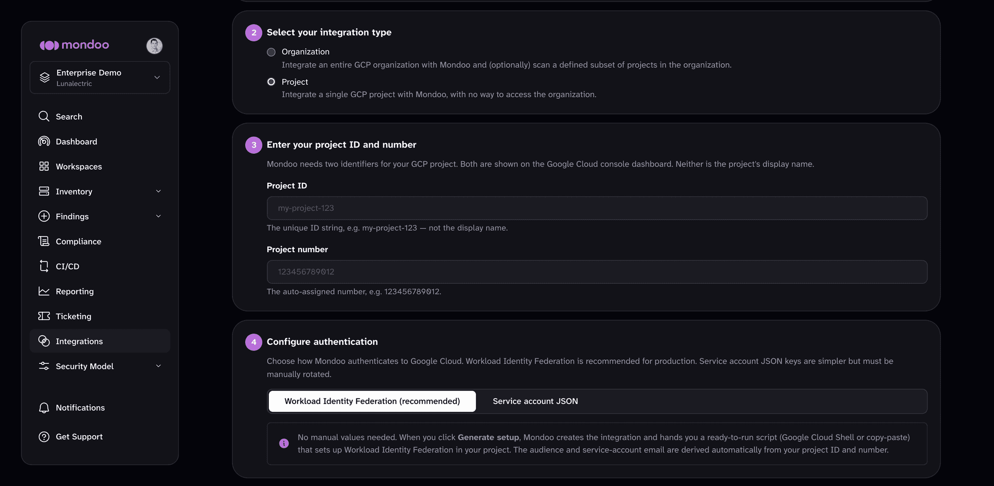 Google Cloud Platform integration form with the integration type, project ID and number, and authentication steps