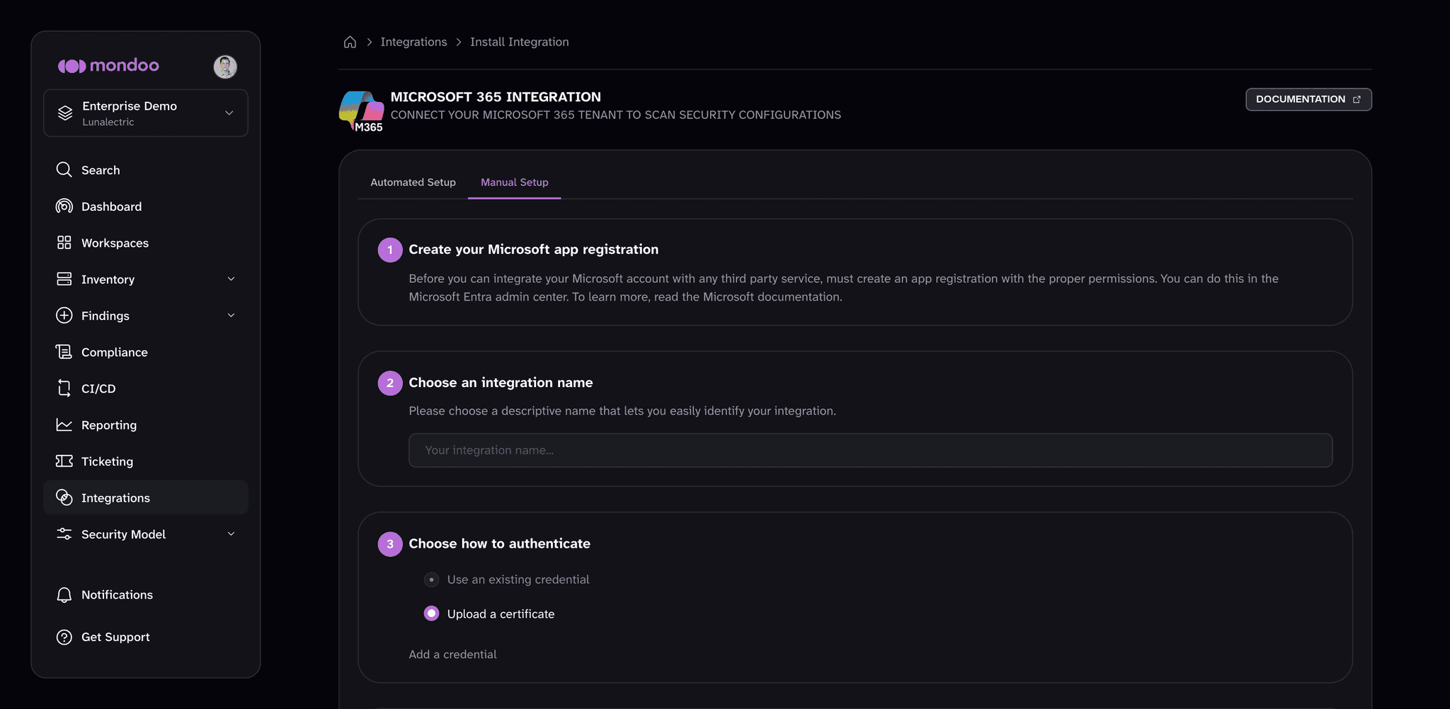 The Manual Setup tab of the Microsoft 365 integration form in the Mondoo Console
