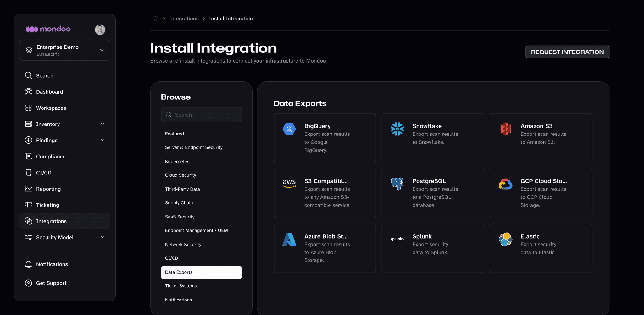 The Install Integration page in Mondoo with the Data Exports category selected, showing the export destinations
