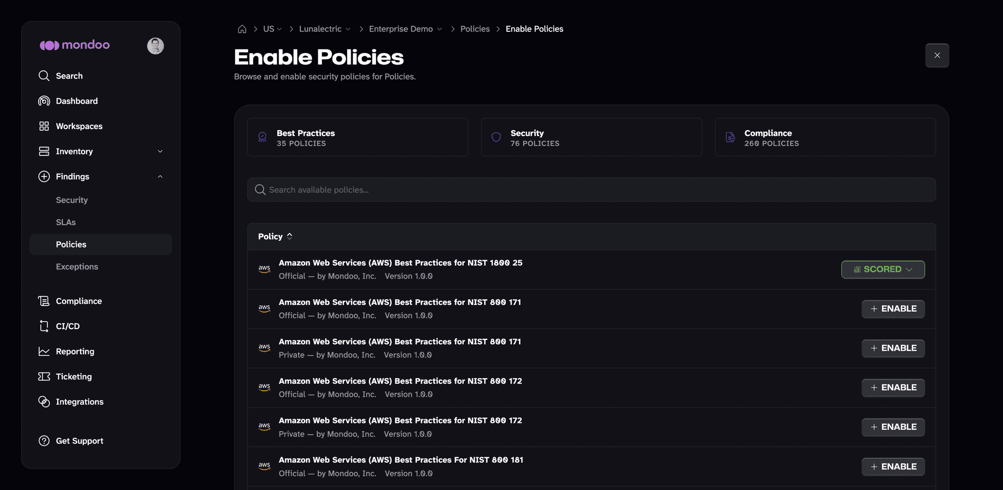 Mondoo - enable the policy for a space