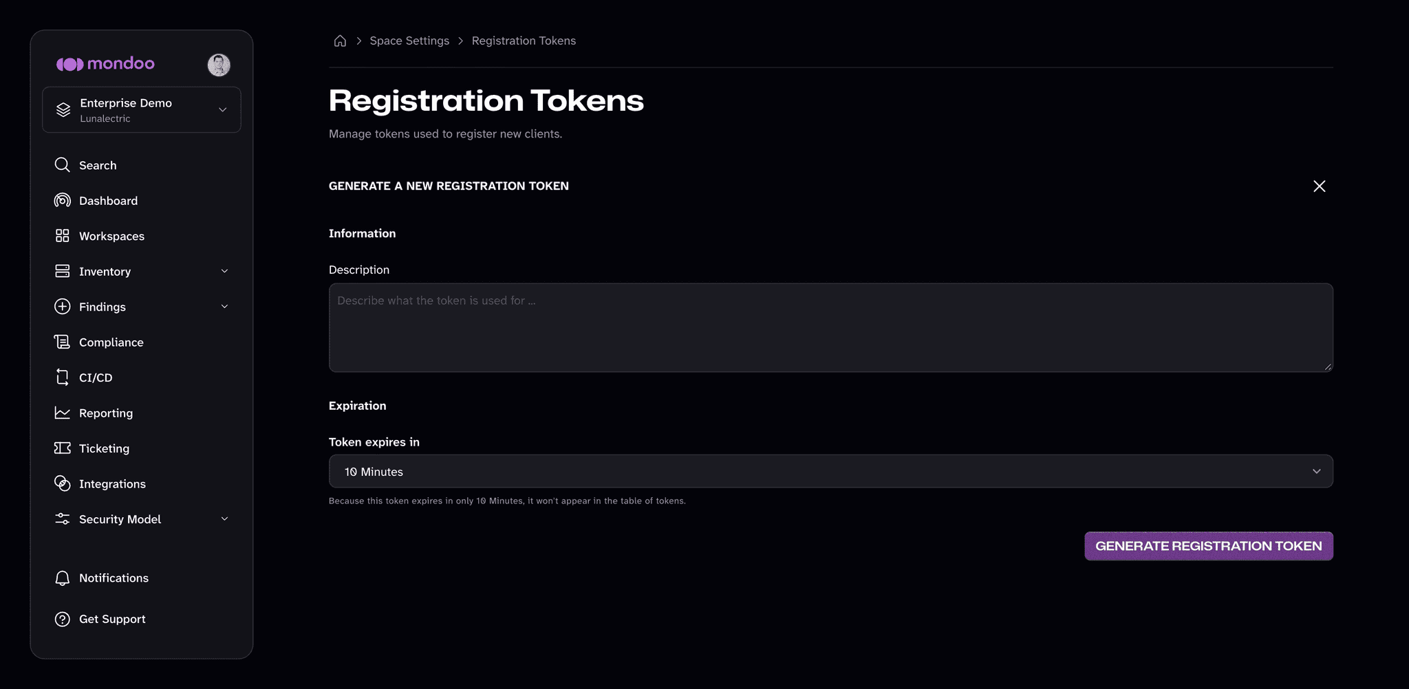 The Generate a new registration token form in the Mondoo App, with a description box and a Token expires in list