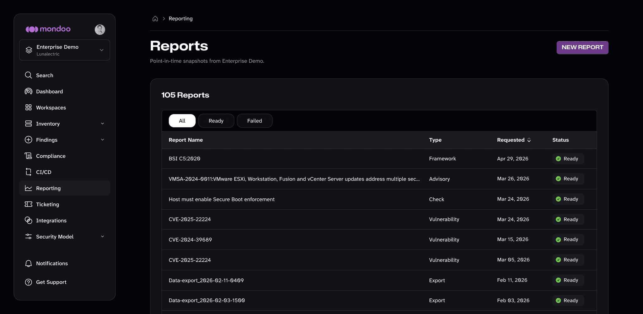 The Reports page of a space, listing reports with their name, type, requested date, and status