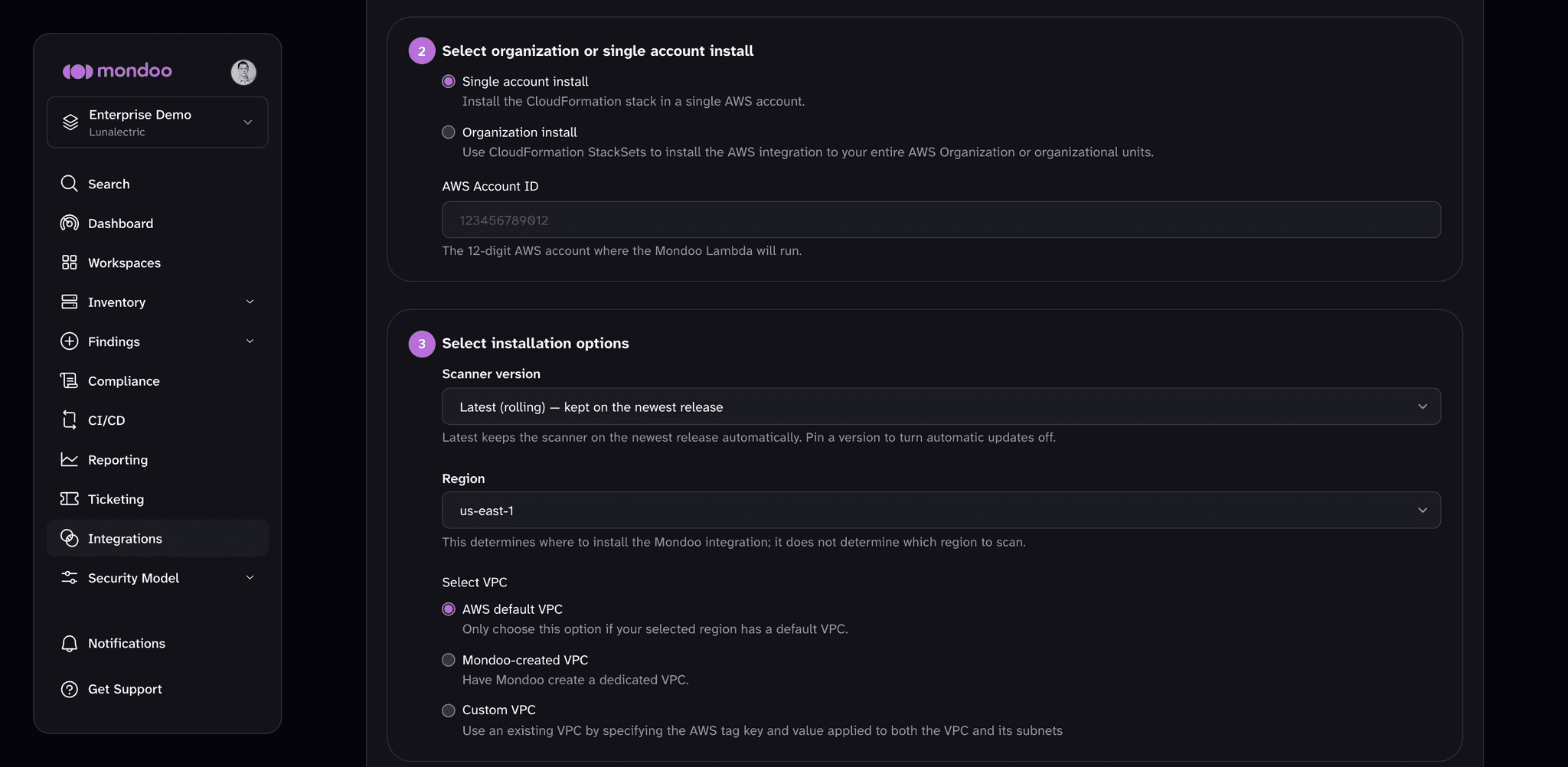 Serverless tab of the AWS integration form, showing the install type, AWS Account ID, scanner version, region, and VPC options