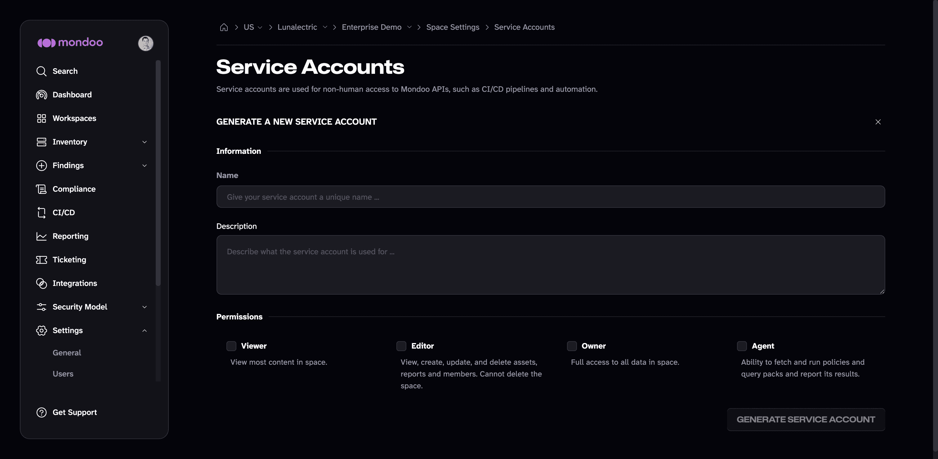 Add a service account to a Mondoo organization