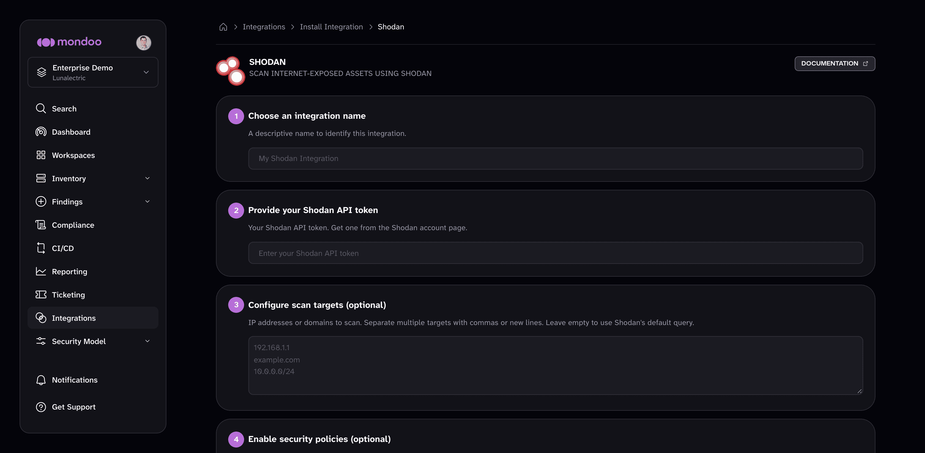 The Shodan integration setup form in the Mondoo Console