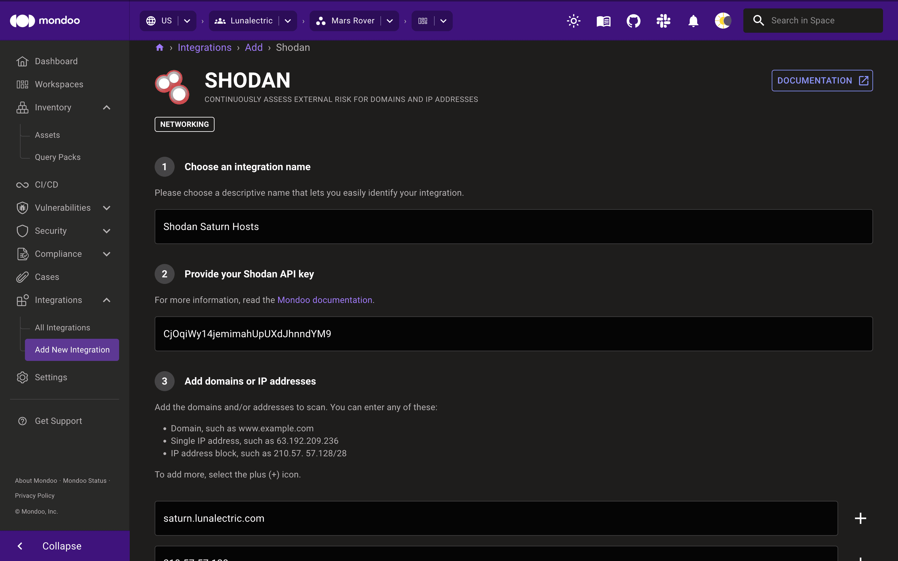Continuously scan domain or IP address with Mondoo and Shodan