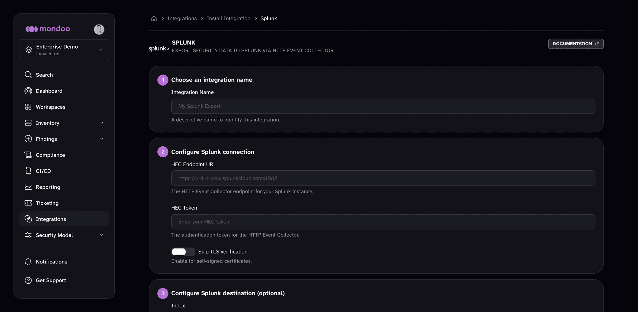 The Splunk export integration form in Mondoo, with the Integration Name, HEC Endpoint URL, HEC Token, and Skip TLS verification fields