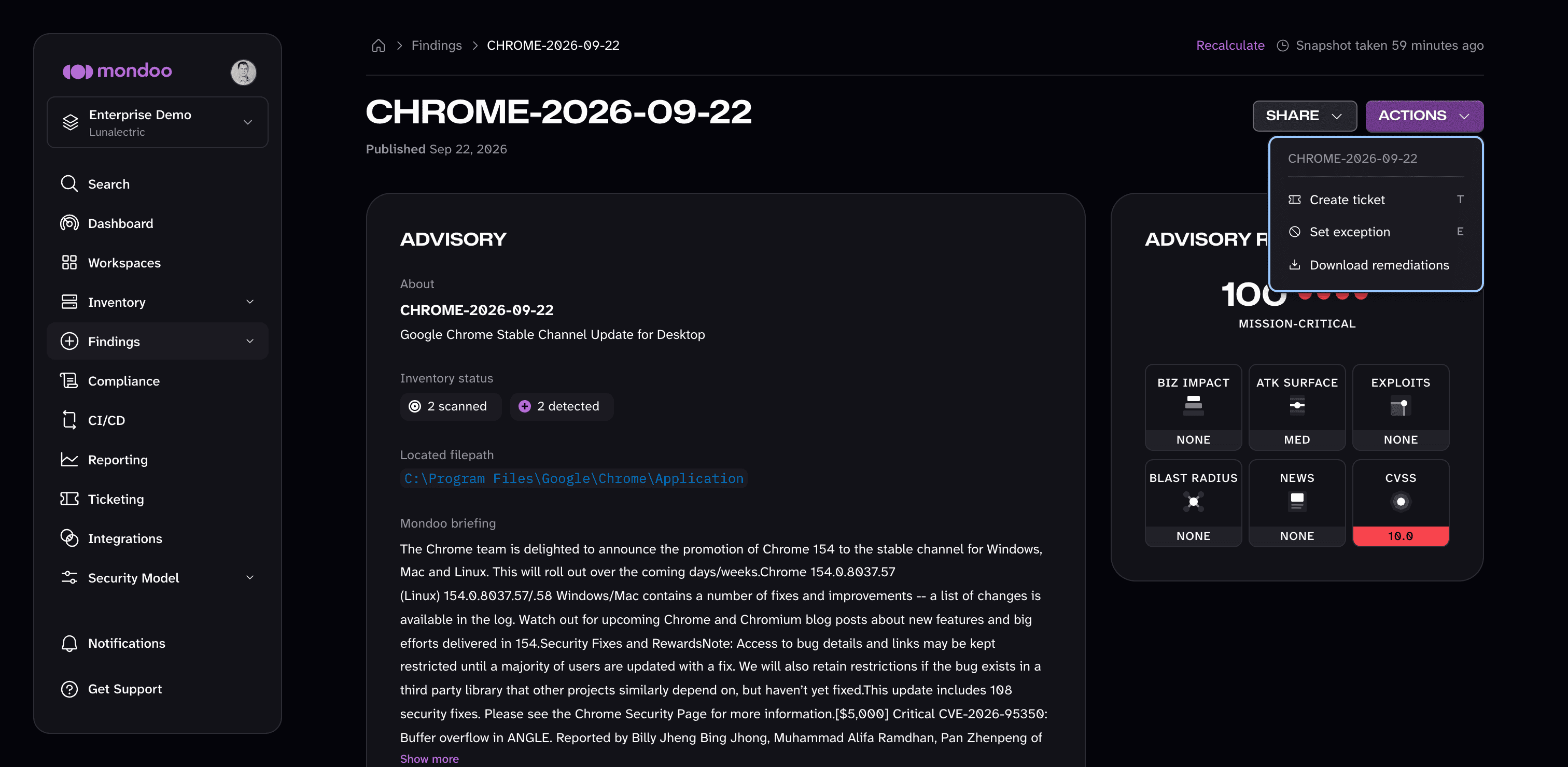 The ACTIONS menu on an advisory's finding page in the Mondoo App, with the Create ticket option