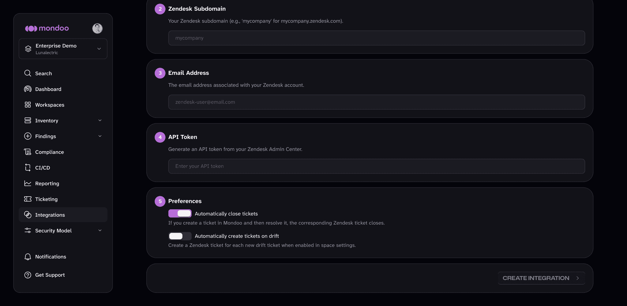 The Preferences section of the Zendesk ticket integration setup page in the Mondoo App