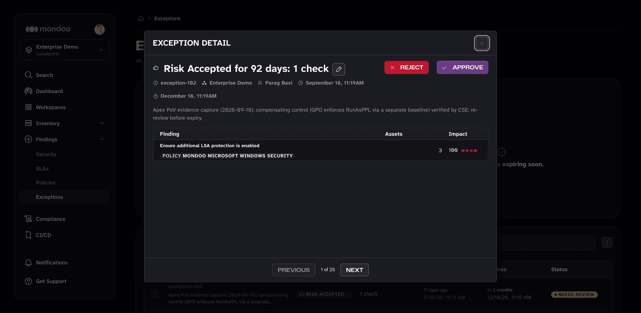 Exception detail in the Mondoo App with REJECT and APPROVE buttons