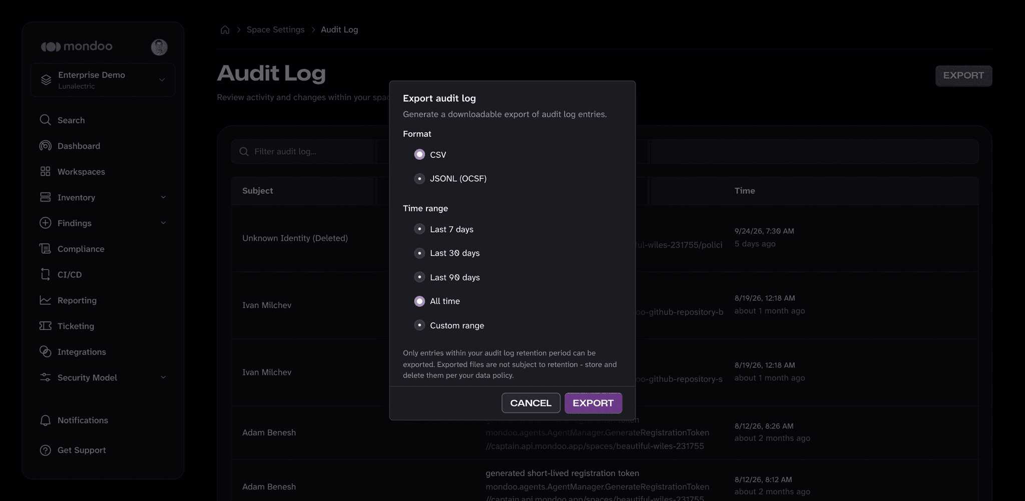 The Export audit log dialog, with Format and Time range options