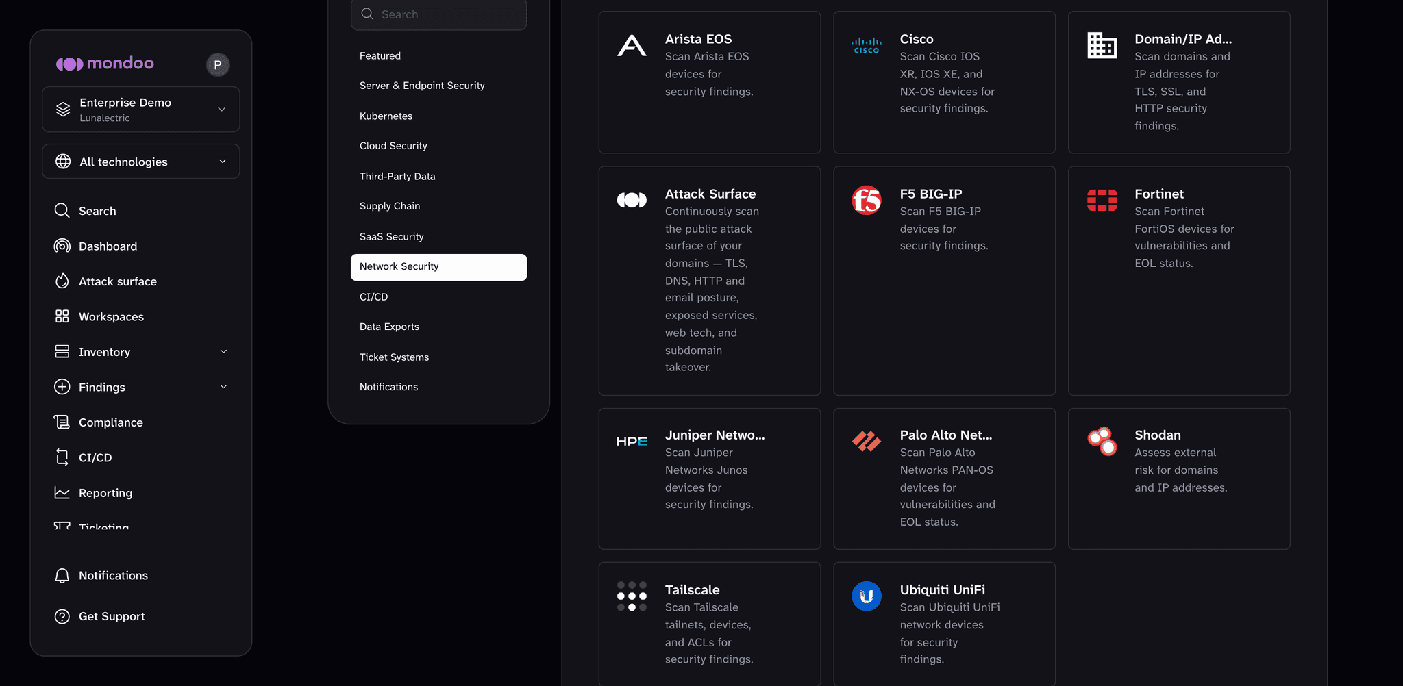 The Integrations catalog filtered to Network Security, showing the Attack Surface card