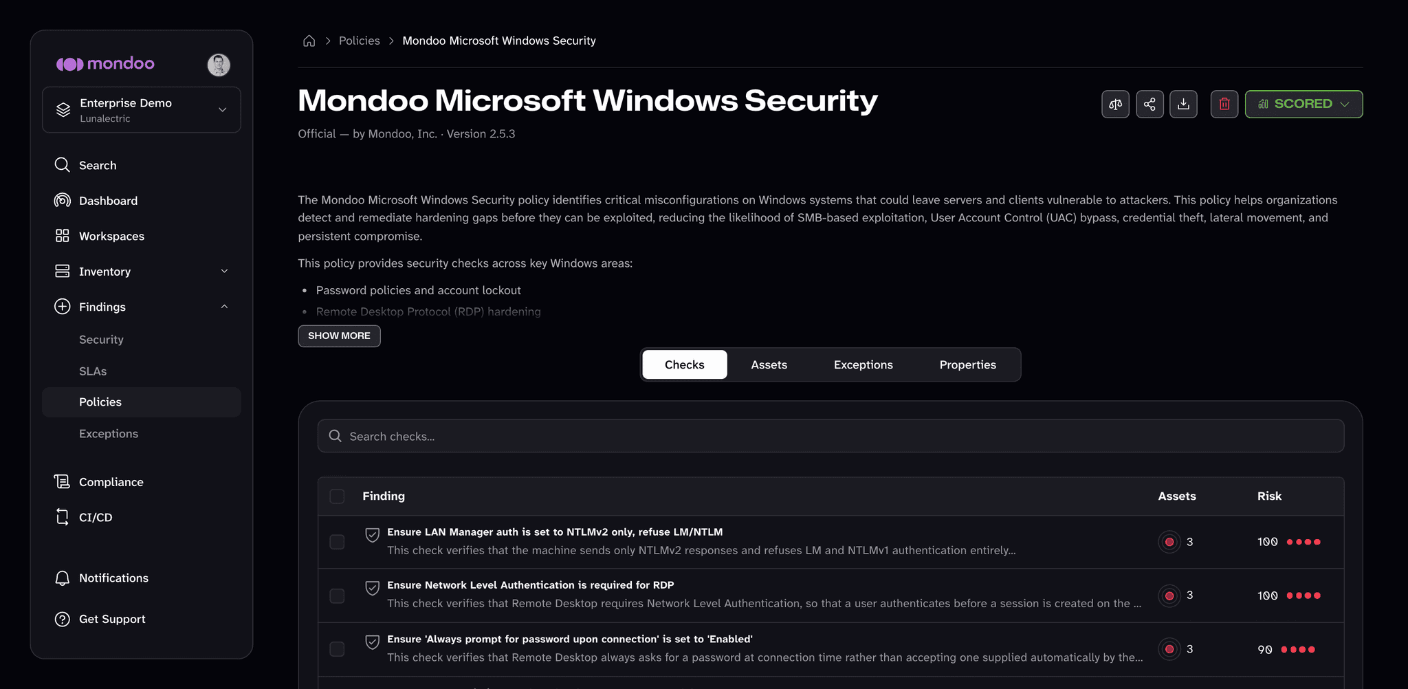 Policy page for Mondoo Microsoft Windows Security in the Mondoo App, with the Score weighting button (scales icon) at the top right