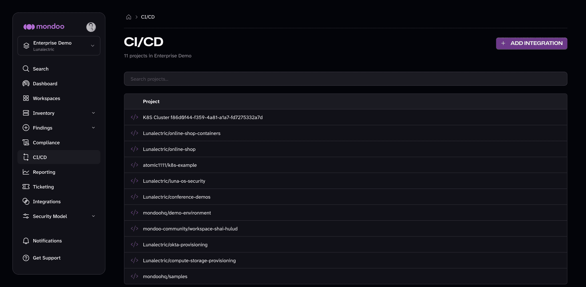 The CI/CD page in the Mondoo App, listing CI/CD projects in the space