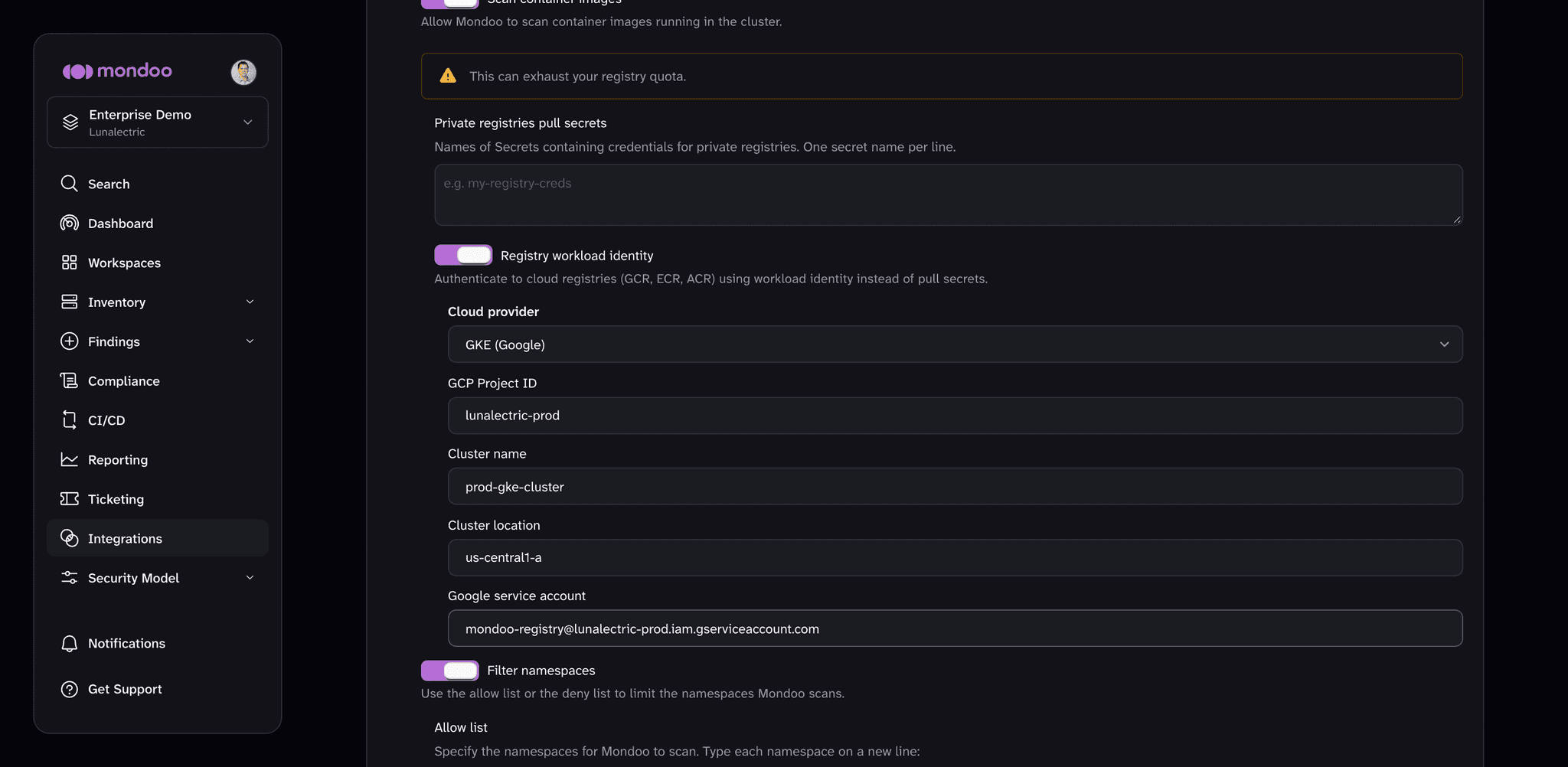 Registry workload identity settings under Scan container images in the Kubernetes integration form