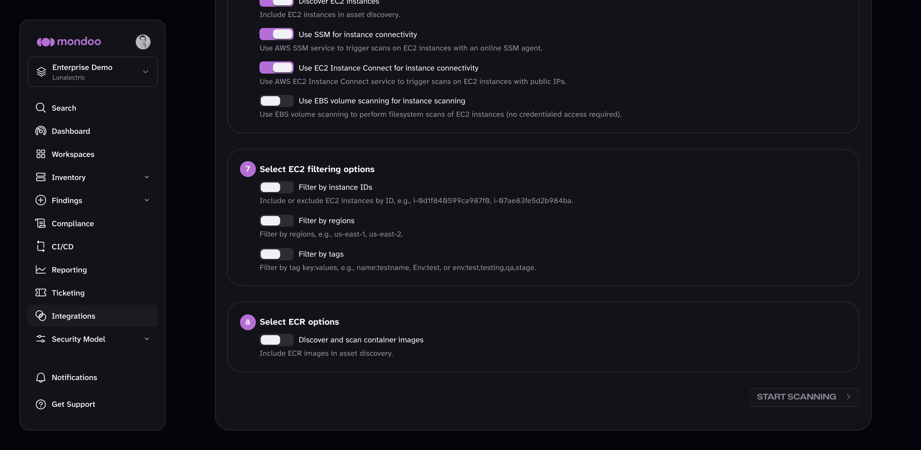 EC2 filtering and ECR options at the bottom of the serverless AWS integration form