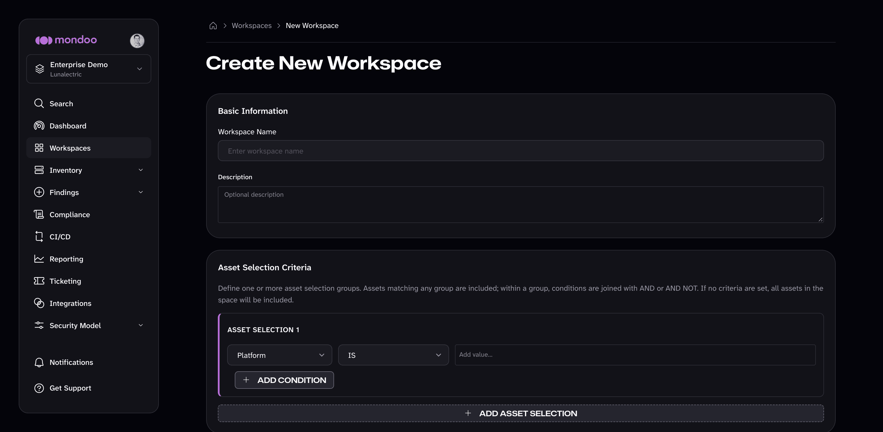The Create New Workspace page with Basic Information fields and an empty asset selection