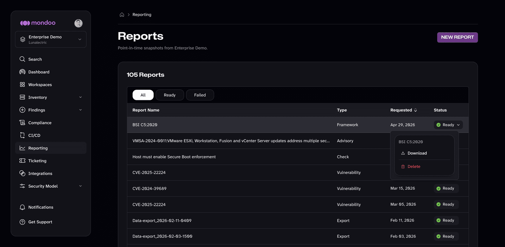 A report's status menu with Download and Delete options