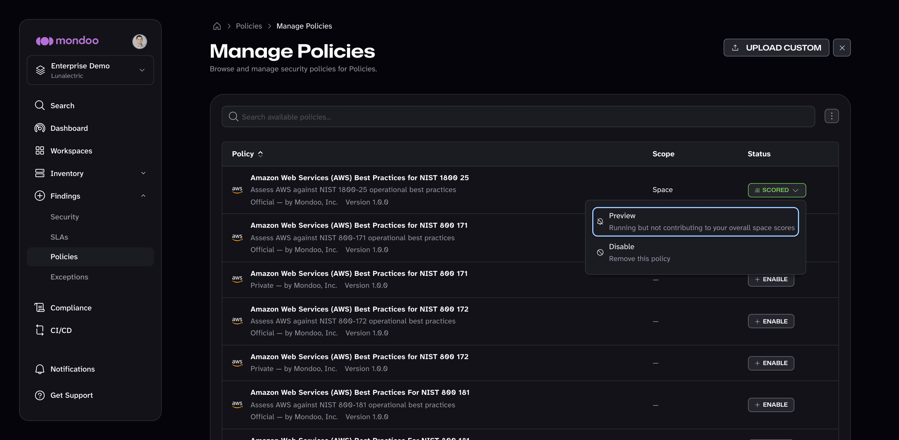 The status menu of an enabled policy on the Manage Policies page