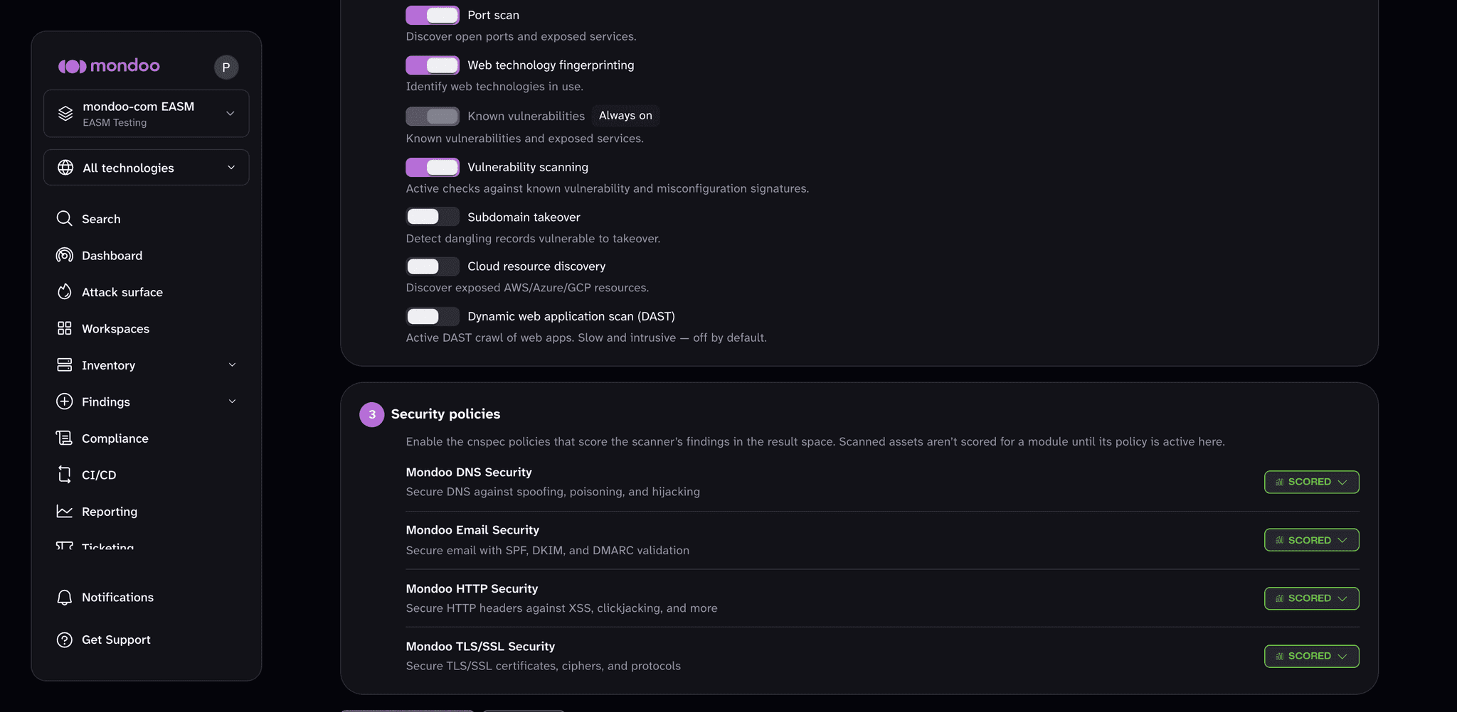 The Attack Surface edit page showing scanner modules and the Security policies section