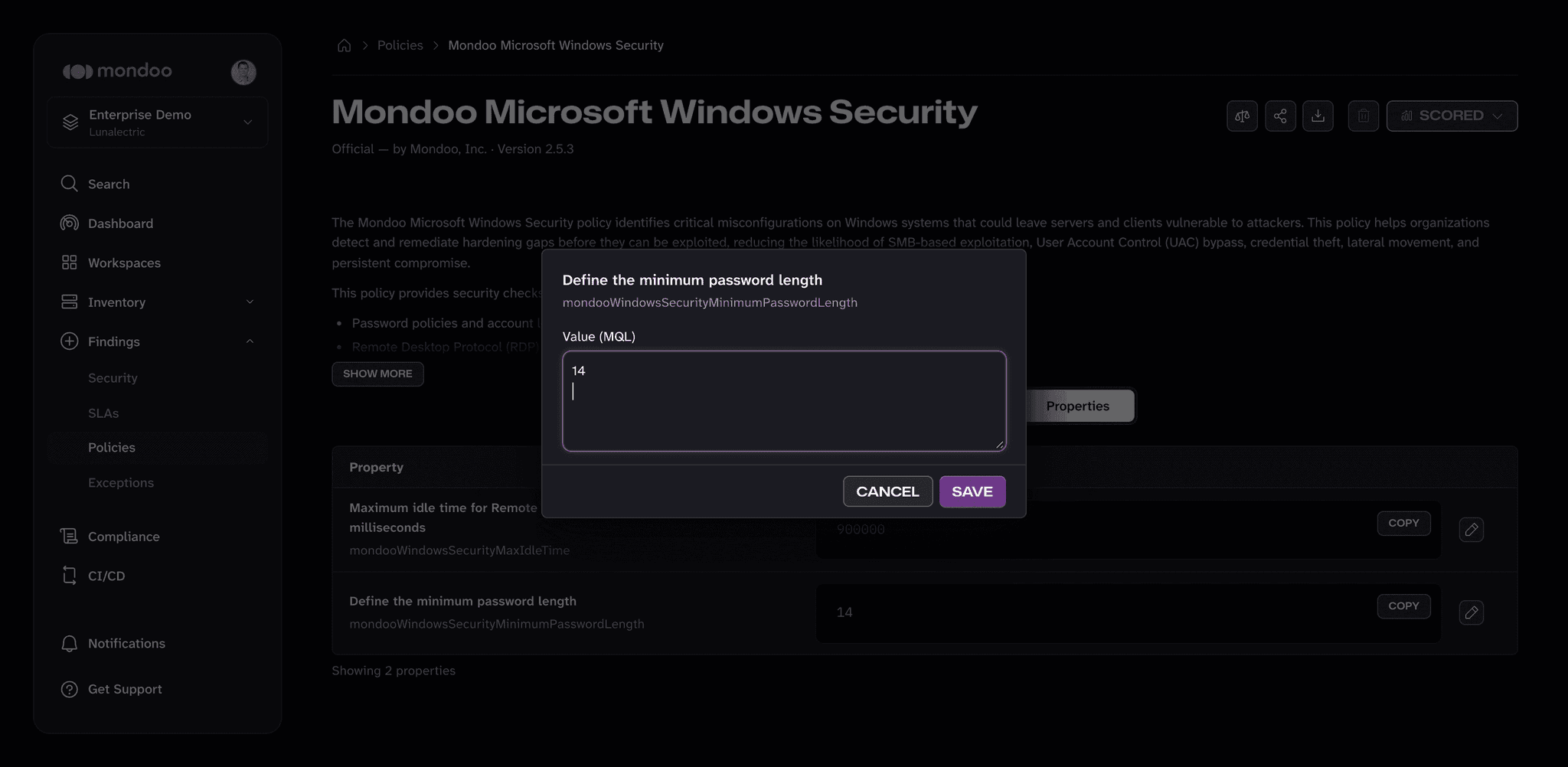 Edit dialog for the minimum password length property of the Mondoo Microsoft Windows Security policy, with the Value (MQL) field and SAVE button