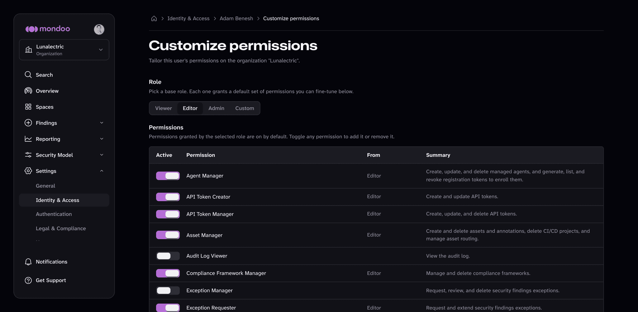 The Customize permissions page, with a base role selector and a list of permissions showing which ones come from the Editor role