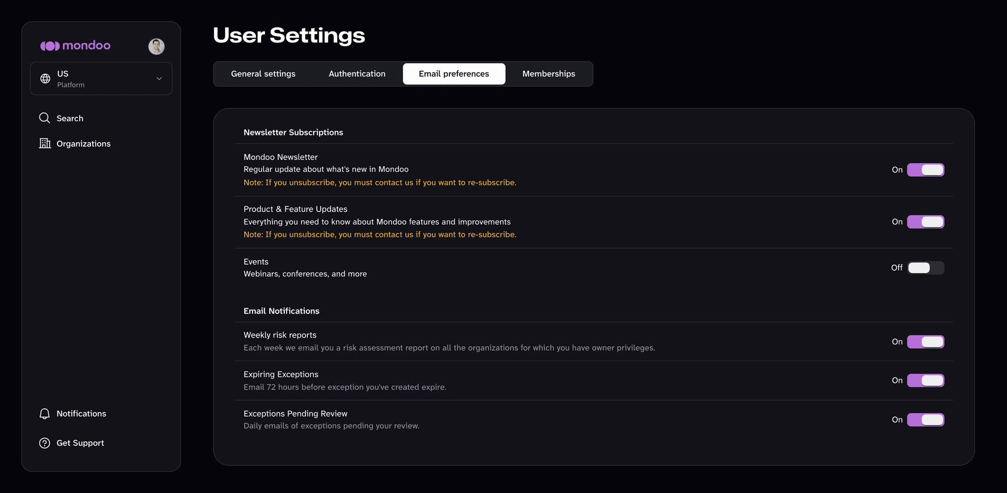 The Email preferences tab of User Settings, with newsletter subscriptions and email notification switches