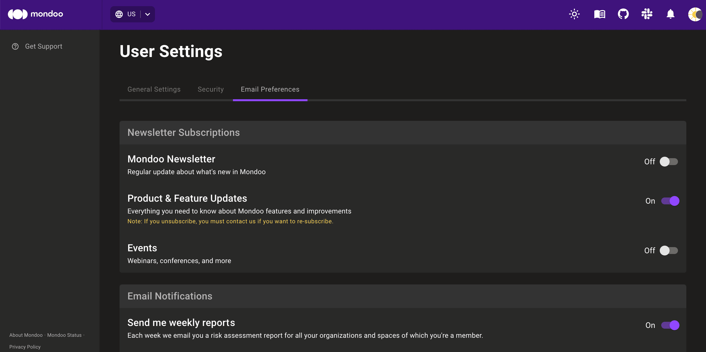Mondoo email preferences