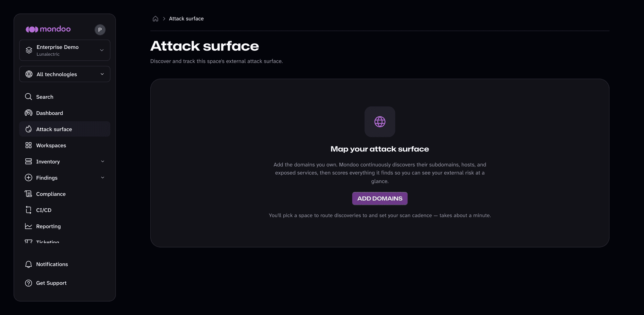 The Attack surface page in a space with no domains yet, inviting you to add domains