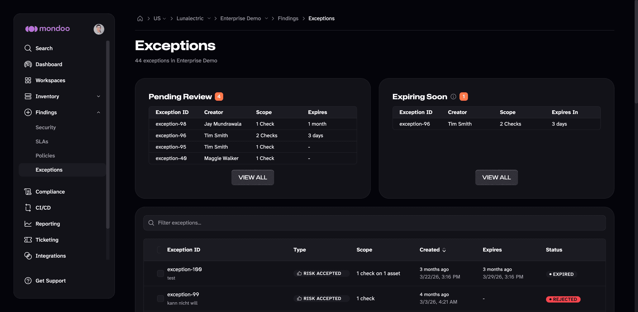 Exceptions page in the Mondoo App