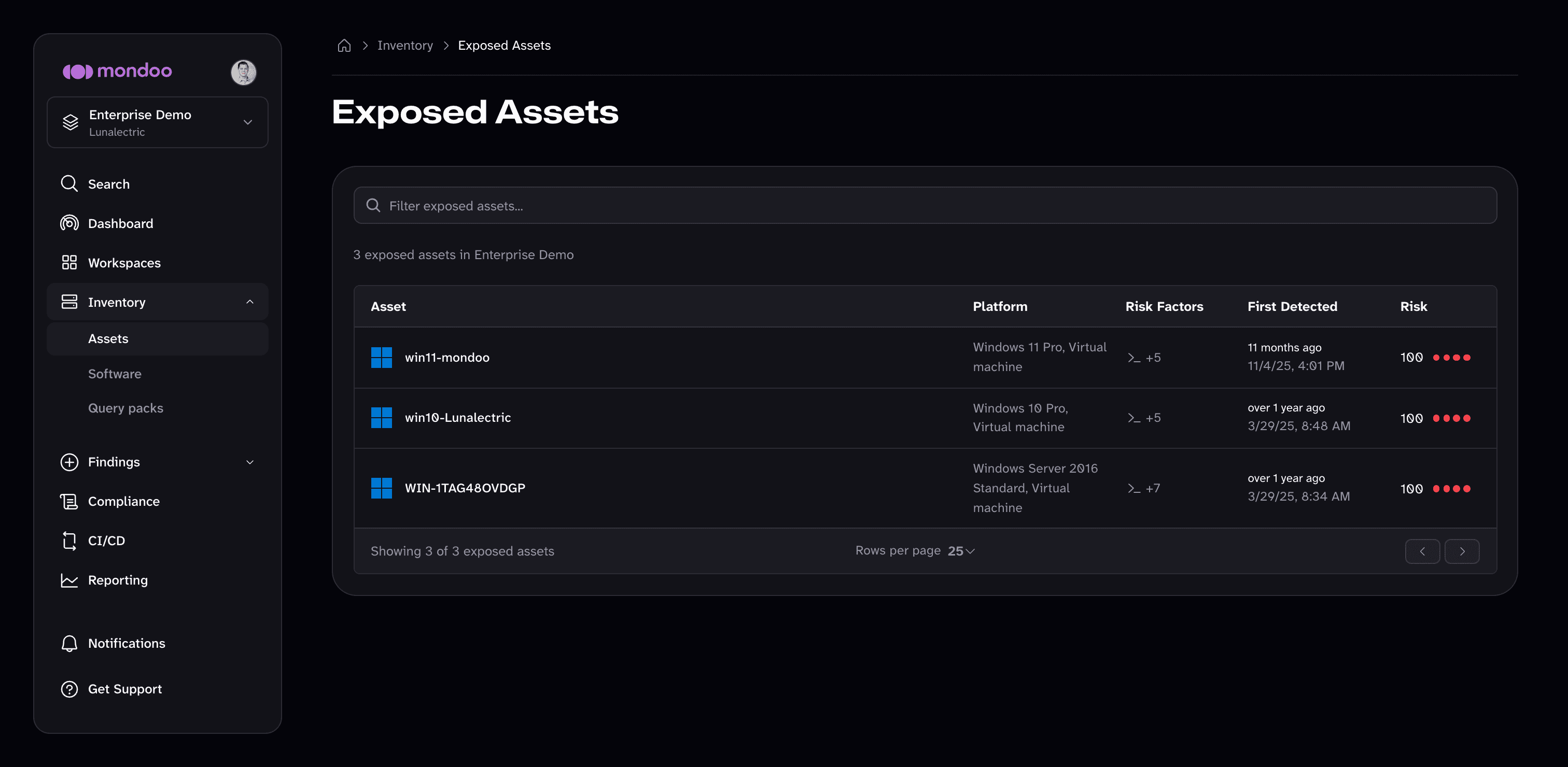 Exposed Assets list in the Mondoo App, showing each asset's platform, risk factors, first detected time, and risk score