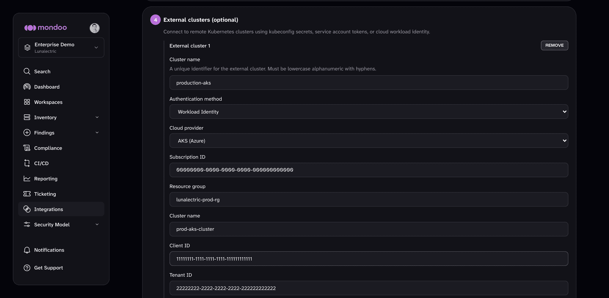 An external cluster in the Kubernetes integration form, using Workload Identity with AKS (Azure) as the cloud provider