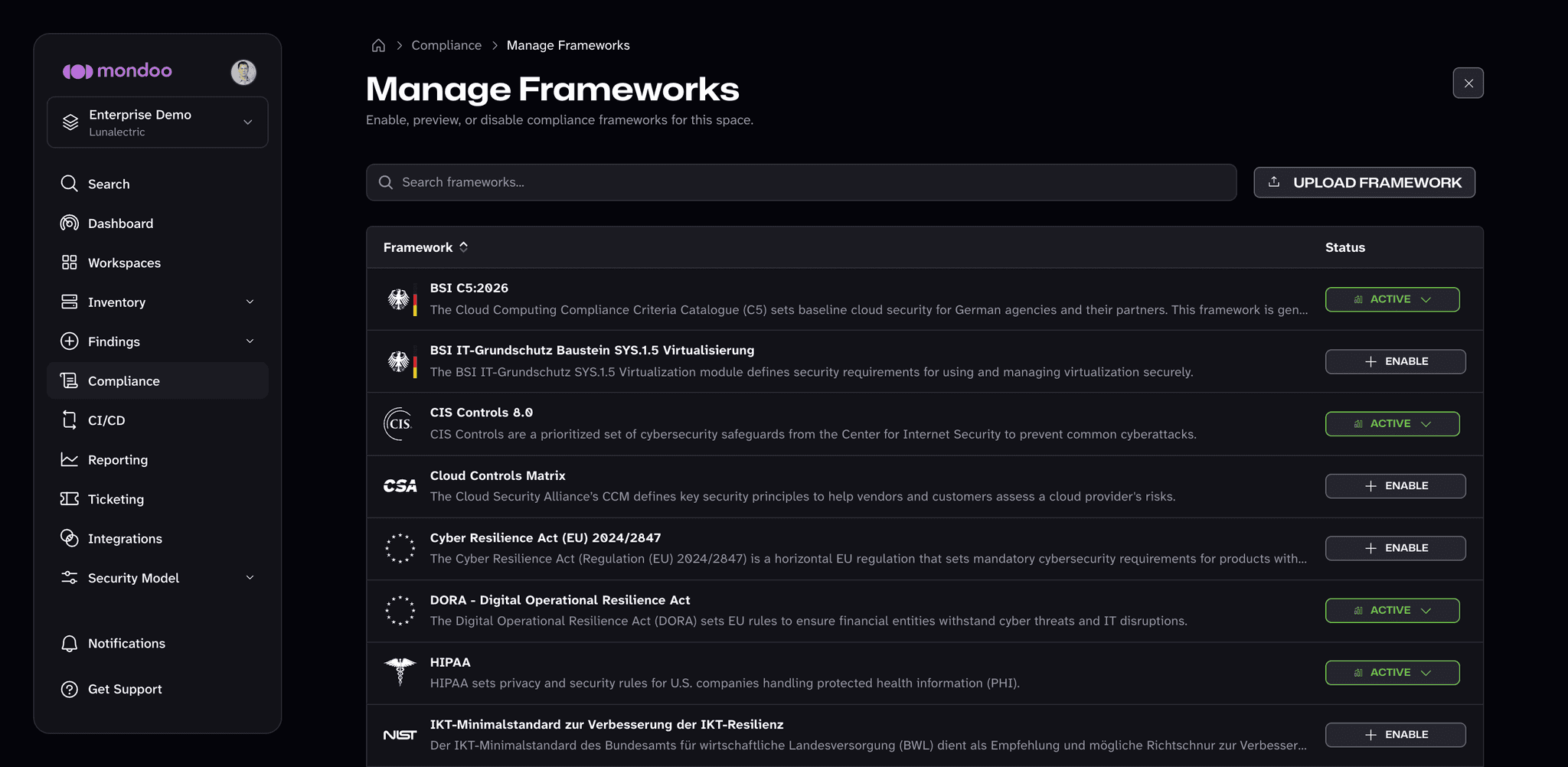 The Manage Frameworks page lists every framework with an Enable button or its current status