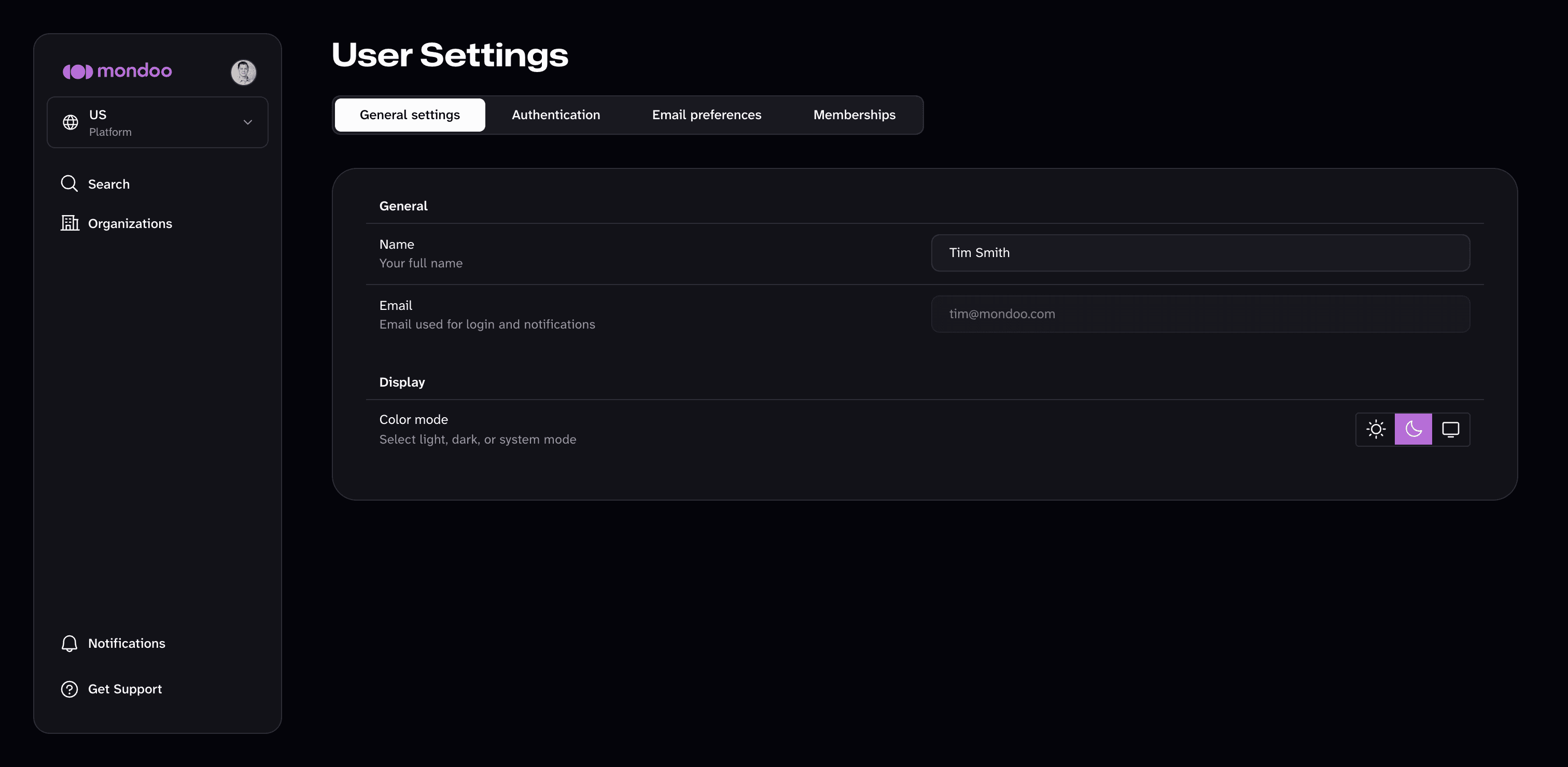 The General settings tab of User Settings in the Mondoo App, with Name, Email, and Color mode