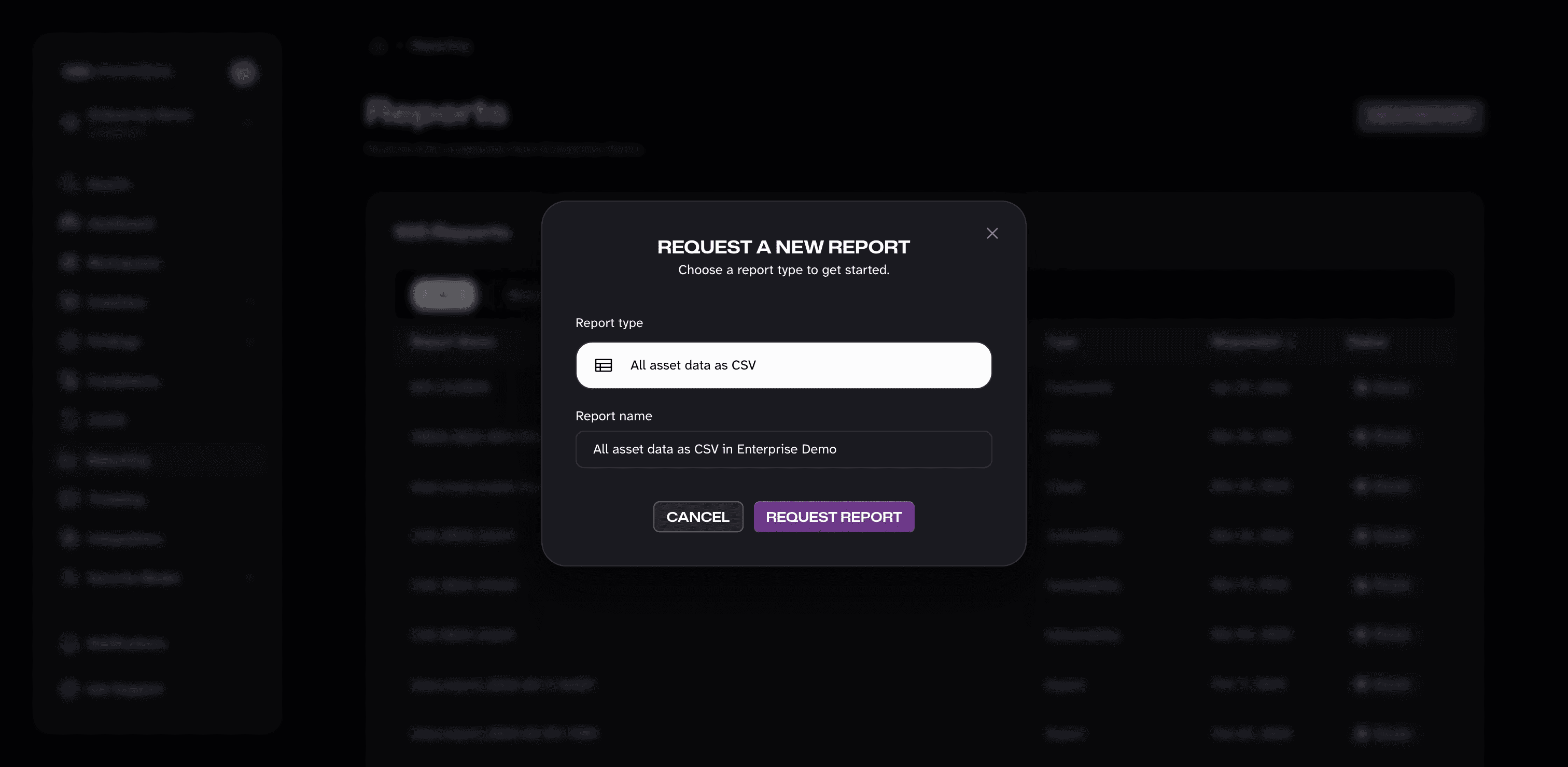The Request a new report dialog with the All asset data as CSV report type selected and a default report name