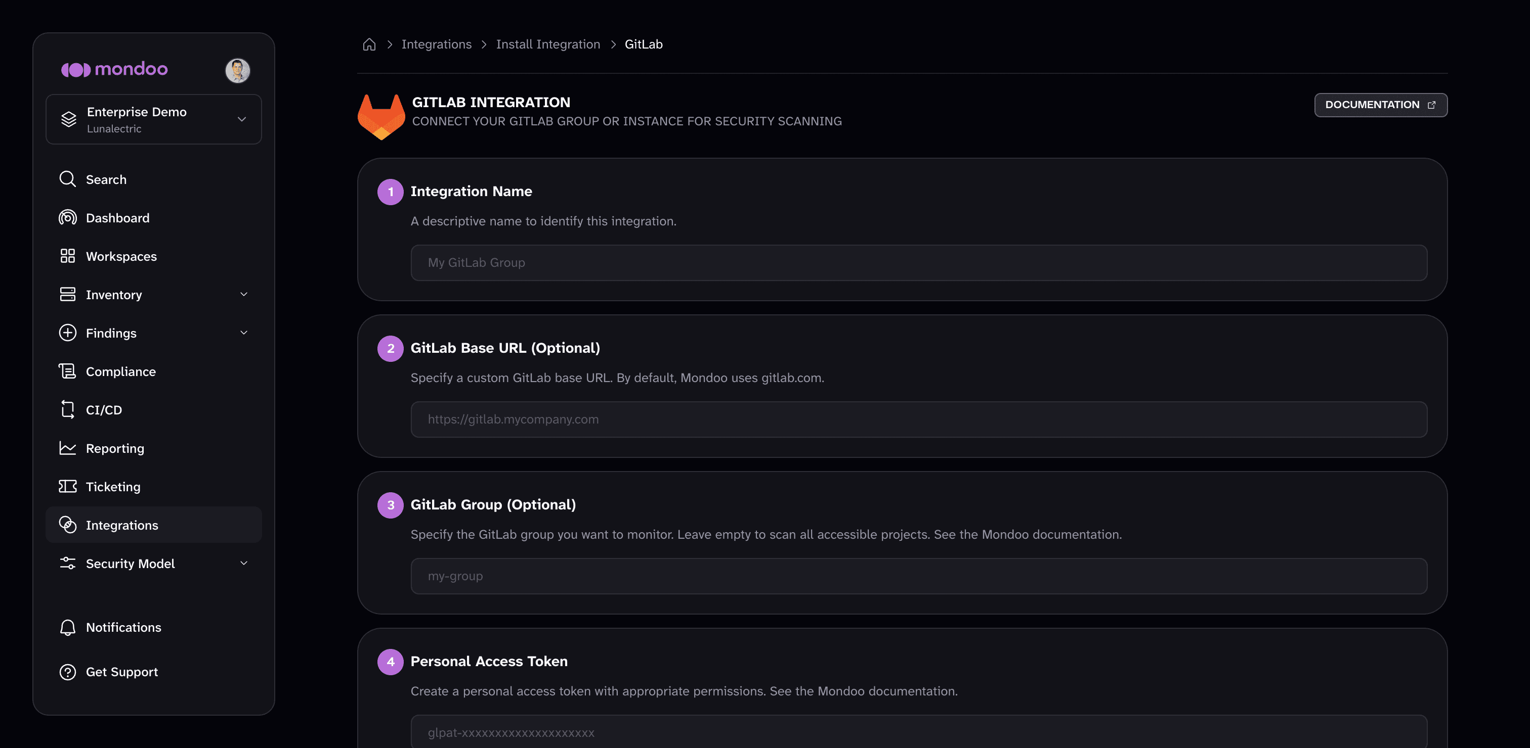 The GitLab integration setup form in the Mondoo Console