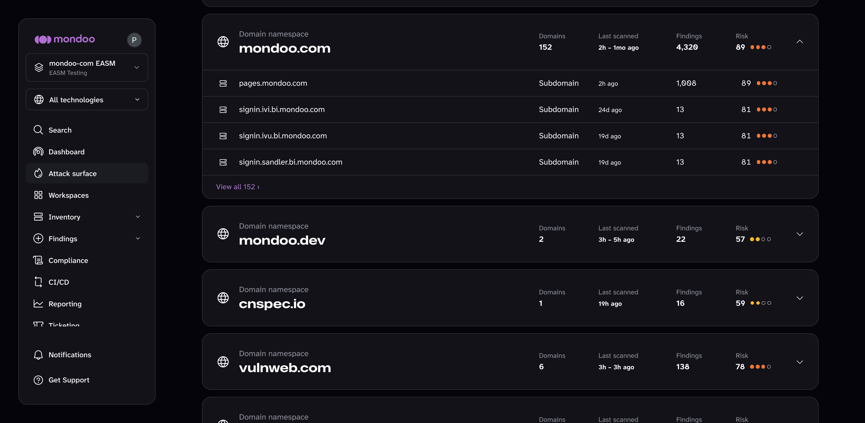The All domains list with one domain namespace expanded to show its domains