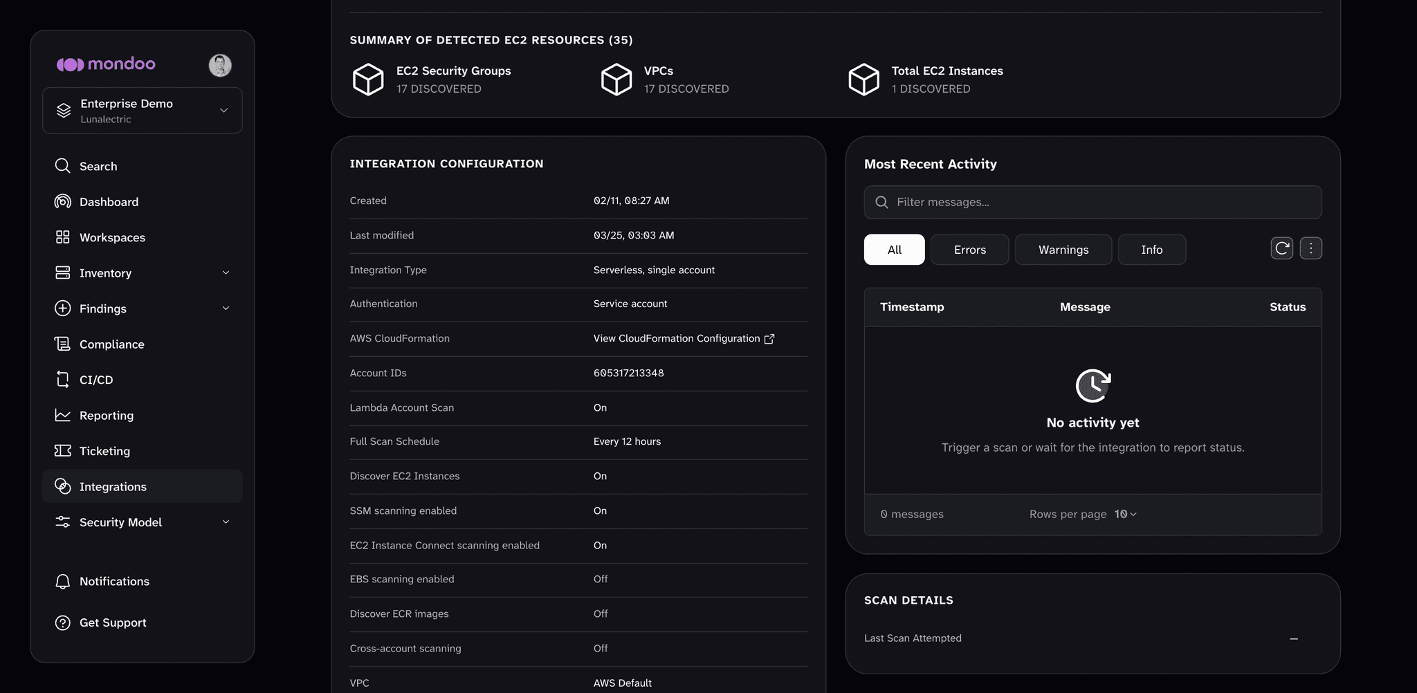 Integration configuration section of a serverless AWS integration page in Mondoo