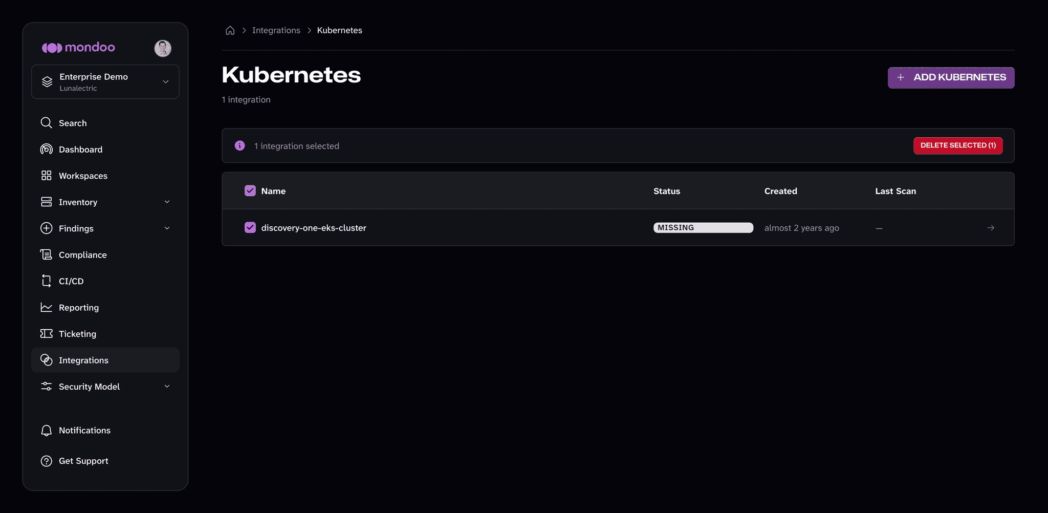 Kubernetes integration list with one integration selected and the Delete Selected button