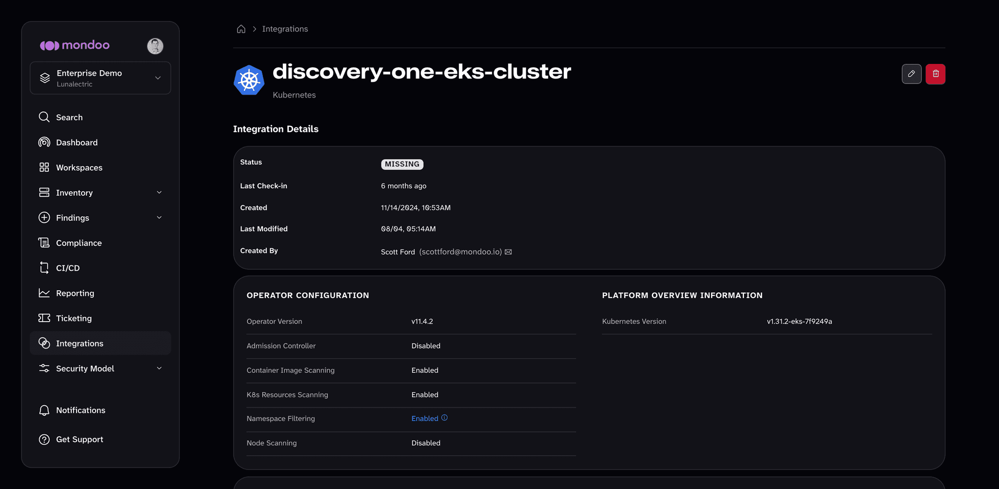 Kubernetes integration page with integration details, operator configuration, and platform overview information